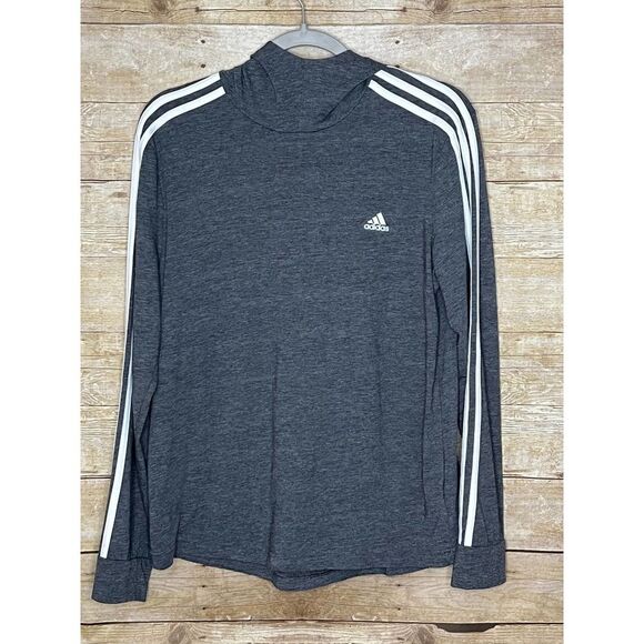 ADIDAS THREE STRIPE HOODED LONG SLEEVE GYM ATHLETIC ATHLEISURE SHIRT SIZE LARGE - Picture 1 of 3